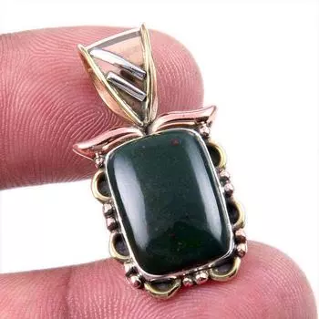 Natural Bloodstone Gemstone 925 Solid Sterling Silver TwoTone Pendant 1.25 A3l25