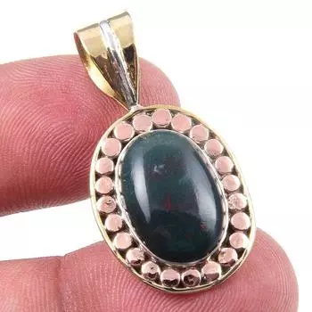 Natural Bloodstone Gemstone 925 Solid Sterling Silver TwoTone Pendant 1.25 V4D65