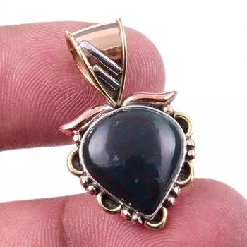 Natural Bloodstone Gemstone 925 Solid Sterling Silver TwoTone Pendant 1.25 n3H63