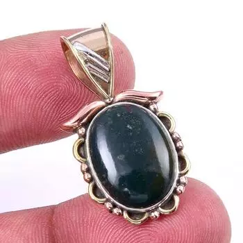 Natural Bloodstone Gemstone 925 Solid Sterling Silver TwoTone Pendant 1.25 n4F97