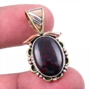 Natural Bloodstone Gemstone 925 Solid Sterling Silver TwoTone Pendant 1.25 Q2J69