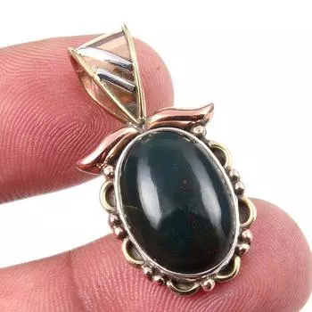 Natural Bloodstone Gemstone 925 Solid Sterling Silver TwoTone Pendant 1.25 o9g31