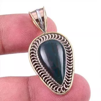 Natural Bloodstone Gemstone 925 Solid Sterling Silver TwoTone Pendant 1.50 h2R12