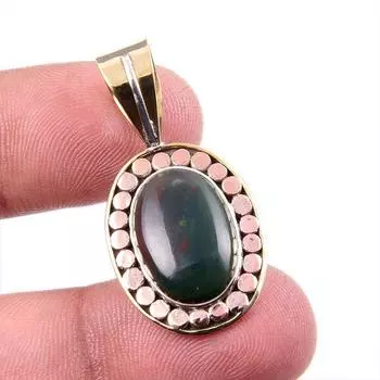 Natural Bloodstone Gemstone 925 Solid Sterling Silver TwoTone Pendant 1.25 H1M17