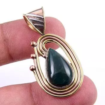 Natural Bloodstone Gemstone 925 Solid Sterling Silver TwoTone Pendant 1.50 u6j84