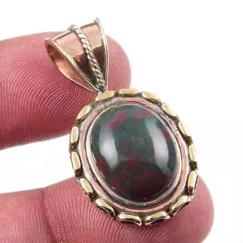 Natural Bloodstone Gemstone 925 Solid Sterling Silver TwoTone Pendant 1.25 H1w21