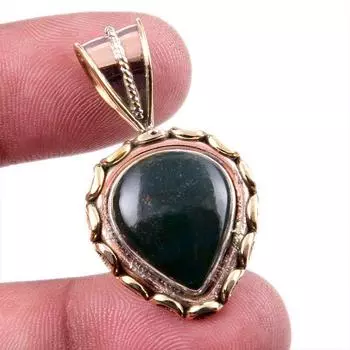 Natural Bloodstone Gemstone 925 Solid Sterling Silver Two Tone Pendant 1.5 i3Y32