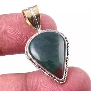 Natural Bloodstone Gemstone 925 Solid Sterling Silver TwoTone Pendant 1.25 w4p97