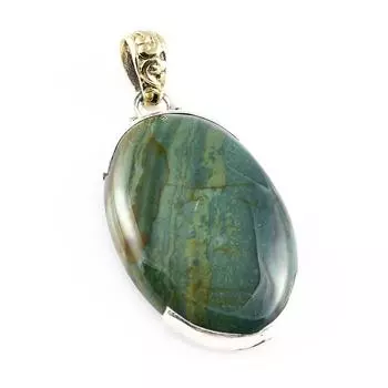 Natural Bloodstone Gemstone 925 Sterling Silver Gift Two Tone Pendant 1.7 g5M82