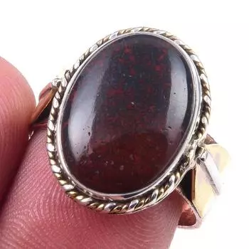 Natural Bloodstone Gemstone 925 Sterling Silver Jewelry Two Tone Ring S.8.5 K2r88
