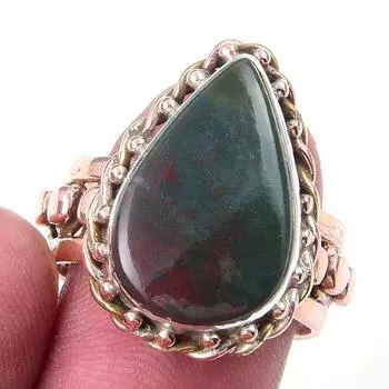 Natural Bloodstone Gemstone Handmade 925 Sterling Silver Two Tone Ring S.8 q8O73