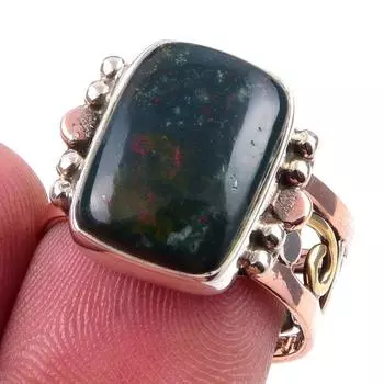 Natural Bloodstone Gemstone Handmade 925 Sterling Silver Two Tone Ring S.8 a8E20