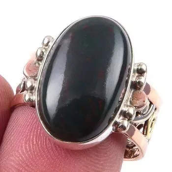 Natural Bloodstone Gemstone Handmade 925 Sterling Silver Two Tone Ring S.8 c6z94