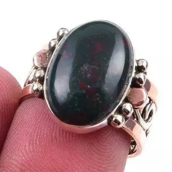 Natural Bloodstone Gemstone Handmade 925 Sterling Silver Two Tone Ring S.7 r3V07