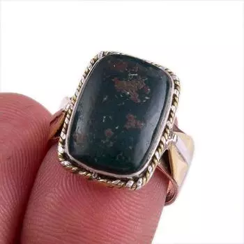 Natural Bloodstone Gemstone Two Tone 925 Sterling Silver Jewelry Ring S.7 v2Q15