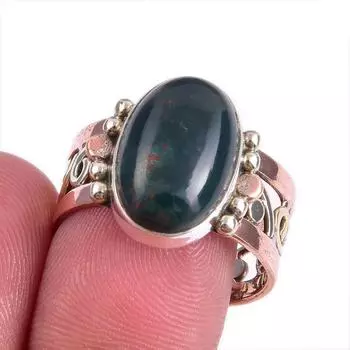 Natural Bloodstone Gemstone Two Tone 925 Sterling Silver Jewelry Ring S.9 Z0v57