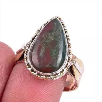 Natural Bloodstone Gemstone Two Tone 925 Sterling Silver Jewelry Ring S.10 J7c91