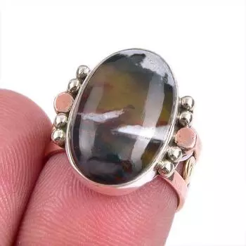 Natural Bloodstone Gemstone Two Tone 925 Sterling Silver Gift Ring S.5.5 h8L00