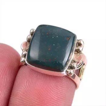 Natural Bloodstone Gemstone Two Tone 925 Sterling Silver Jewelry Ring S.5 K0b13