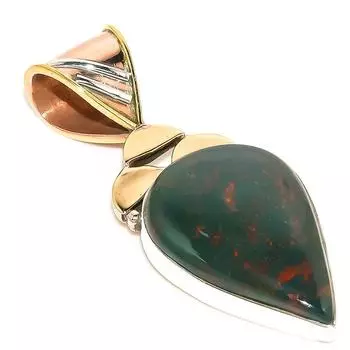 Natural Bloodstone Gemstone TwoTone 925 Solid Sterling Silver Pendant 1.75 P3N88