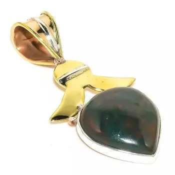 Natural Bloodstone Gemstone TwoTone 925 Solid Sterling Silver Pendant 1.50 A6Z08