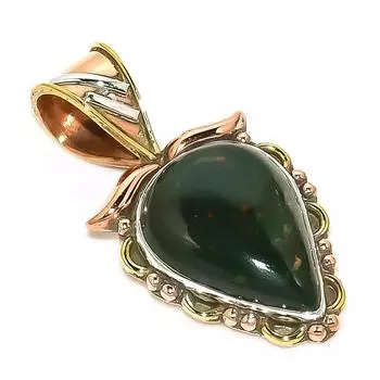 Natural Bloodstone Gemstone TwoTone 925 Solid Sterling Silver Pendant 1.25 Y0d73