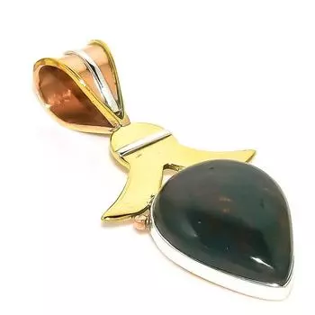 Natural Bloodstone Gemstone TwoTone 925 Solid Sterling Silver Pendant 1.50 E3t78