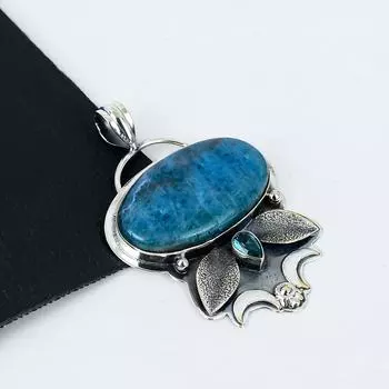 Natural Blue Apatite, Blue Topaz Gemstone Silver Pendant in 925 Sterling Silver- Handmade Design, Everyday Wear Jewelry, Unique Pendant Easter Gift 2.55 синий