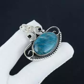 Natural Blue Apatite Gemstone Silver Pendant in 925 Sterling Silver - Handmade Design, Everyday Wear Jewelry Anniversary Gift 1.97 синий