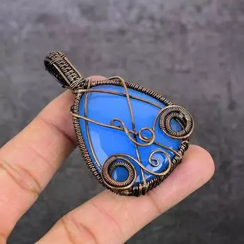 Natural Blue Chalcedony Gemstone Copper Wire Wrap Jewelry Pendant 2.56 C2g10