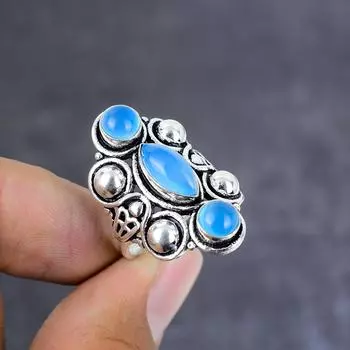 Natural Blue Chalcedony Gemstone Handmade 925 Sterling Silver Ring Size 10 N4l39