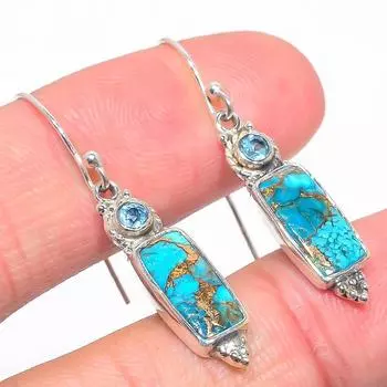 Natural Blue Copper Turquoise, Blue Topaz 925 Sterling Silver Earring 1.50 V5D01
