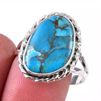 Natural Blue Copper Turquoise Gemstone 925 Solid Sterling Silver Ring S.10 q0m73