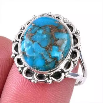 Natural Blue Copper Turquoise Gemstone 925 Solid Sterling Silver Ring S.7.5 R1C49