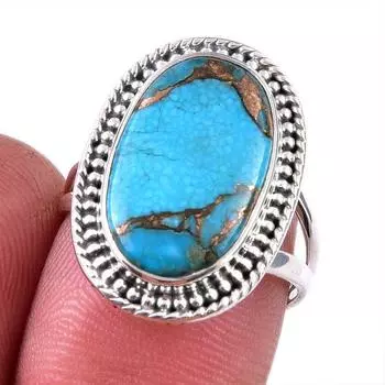 Natural Blue Copper Turquoise Gemstone 925 Solid Sterling Silver Ring S.7 F3Z57