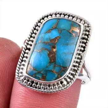 Natural Blue Copper Turquoise Gemstone 925 Solid Sterling Silver Ring S.9 P2a90