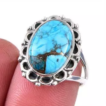 Natural Blue Copper Turquoise Gemstone 925 Solid Sterling Silver Ring S.7 c6Y49