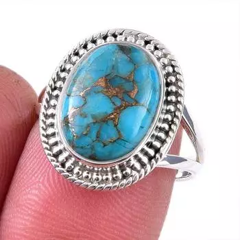 Natural Blue Copper Turquoise Gemstone 925 Solid Sterling Silver Ring S.8 n7y06