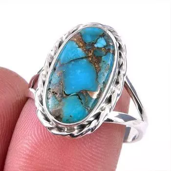 Natural Blue Copper Turquoise Gemstone 925 Solid Sterling Silver Ring S.8 O2d54
