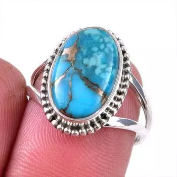 Natural Blue Copper Turquoise Gemstone 925 Solid Sterling Silver Ring S.7 U0O86