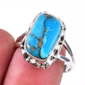 Natural Blue Copper Turquoise Gemstone 925 Solid Sterling Silver Ring S.8 N8o48