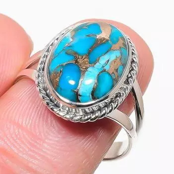 Natural Blue Copper Turquoise Gemstone 925 Sterling Silver Gift Ring S.10 P9o62