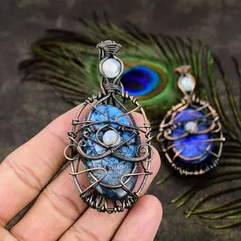 Natural Blue Dendritic, Moonstone Gemstone Copper Wire Wrap Pendant 3.39 r6y02