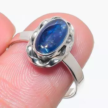 Natural Blue Kyanite Gemstone Handmade 925 Solid Silver Jewelry Ring Size 8 Q7p39