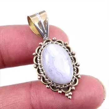 Natural Blue Lace Agate 925 Solid Sterling Silver Gift TwoTone Pendant 1.5 Q0M49