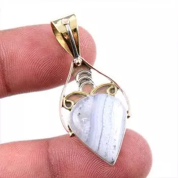 Natural Blue Lace Agate 925 Solid Sterling Silver Gift TwoTone Pendant 1.5 I6j92