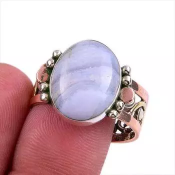 Natural Blue Lace Agate 925 Solid Sterling Silver Jewelry TwoTone Ring S.10 P1y33