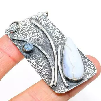 Natural Blue Lace Agate,Blue Topaz Stone 925 Sterling Silver Pendant 2.40 O6g94