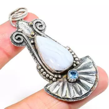 Natural Blue Lace Agate,Blue Topaz Stone 925 Sterling Silver Pendant 2.76 B4k68