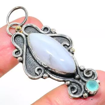 Natural Blue Lace Agate,Chalcedony Stone 925 Sterling Silver Pendant 2.36 b5Z72